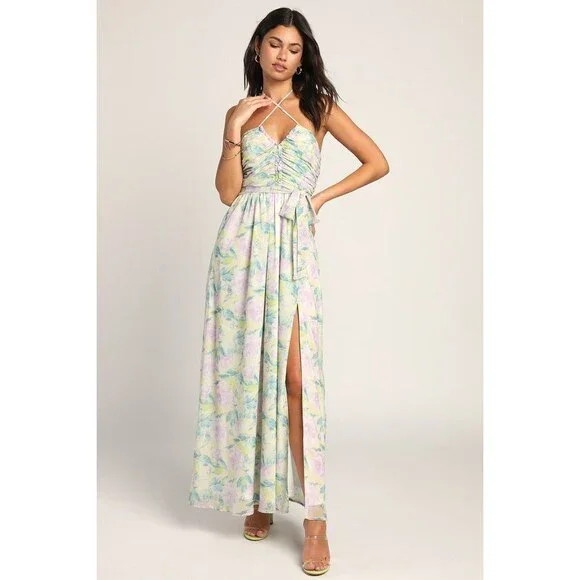 lulus green halter dress Olive Green Satin Pleated Backless Maxi Dress | Womens | Medium | 100% Polyester | Lulus | Homecoming | Holiday Dresses